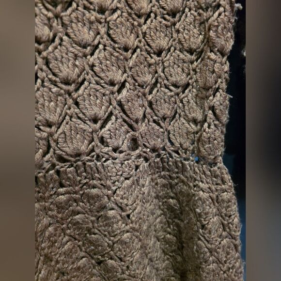 Chocolate Brown Crochet Balloon Sleeve Scallop Fan Design Drop Waist Maxi Dress - Picture 8 of 13